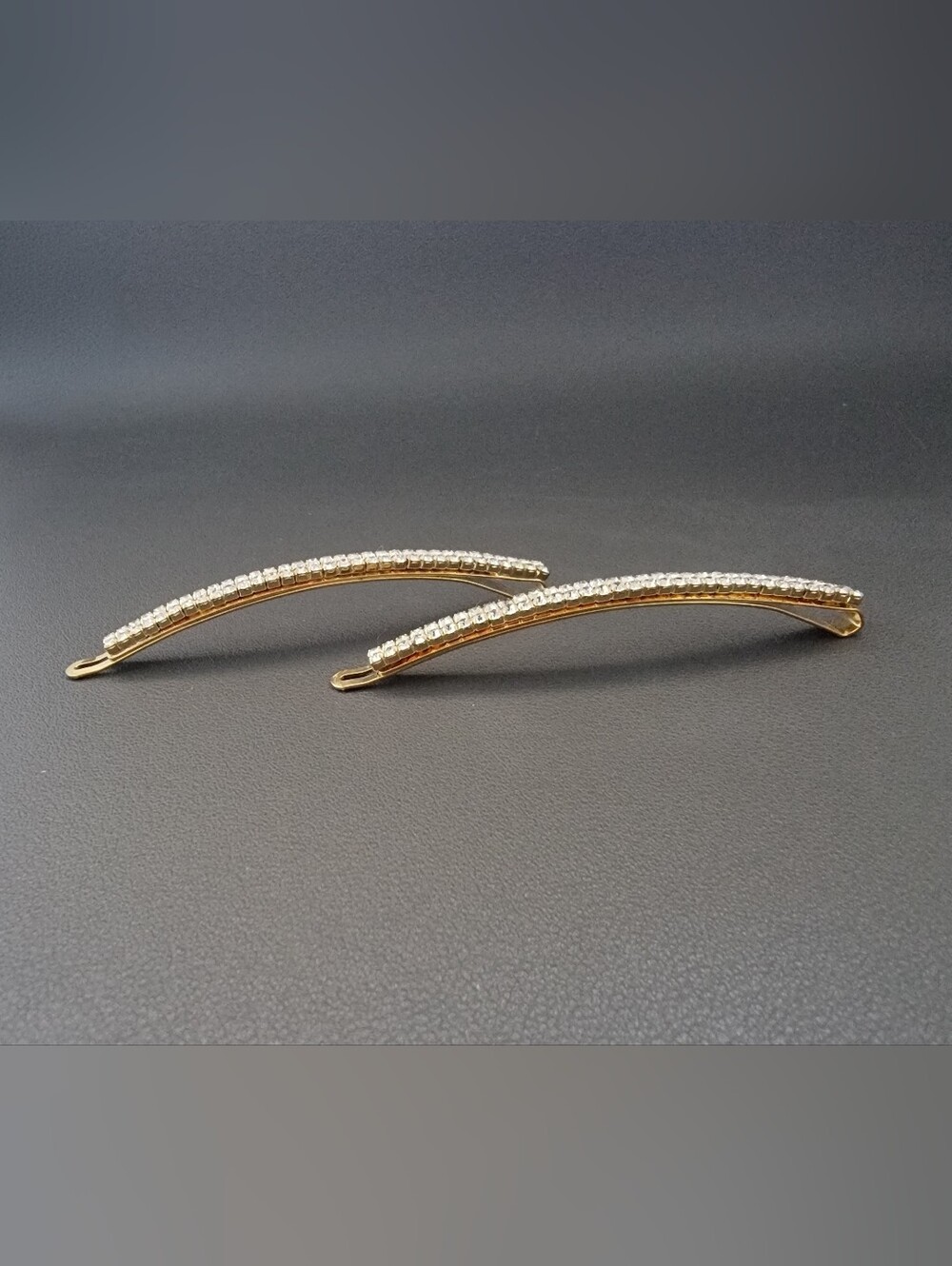 Vintage French NS Clip Gold Tone Rhinestone Hair Barrettes Pair Crystal France